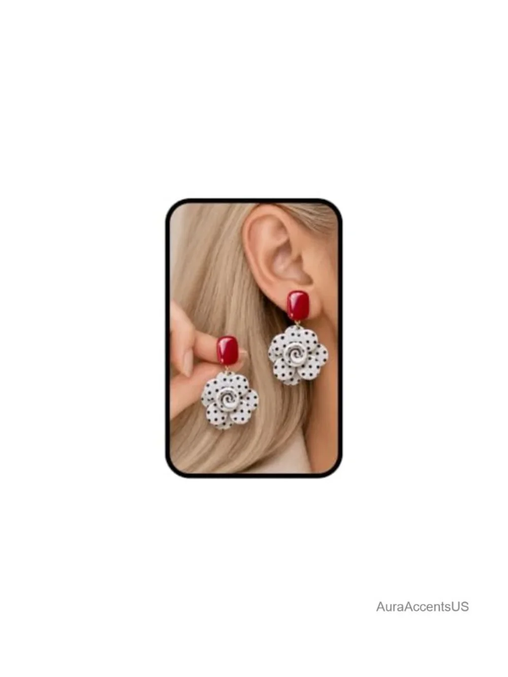 Statement Floral Drop Earrings Gold Tone Black White Polka Dot Dangle Vintage